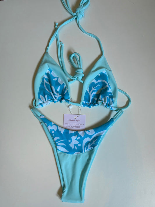 Available RTS Medium Top Small Bottom Baby Blue X Hibiscus Patchwork Set