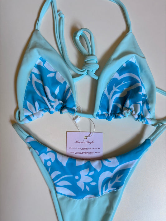 Available RTS Medium Top Small Bottom Baby Blue X Hibiscus Patchwork Set